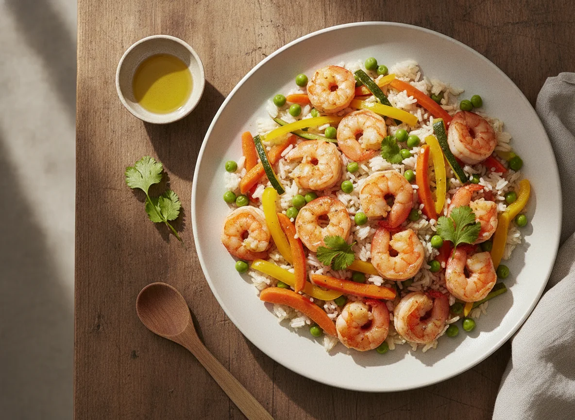 Camarones salteados con arroz y vegetales photo