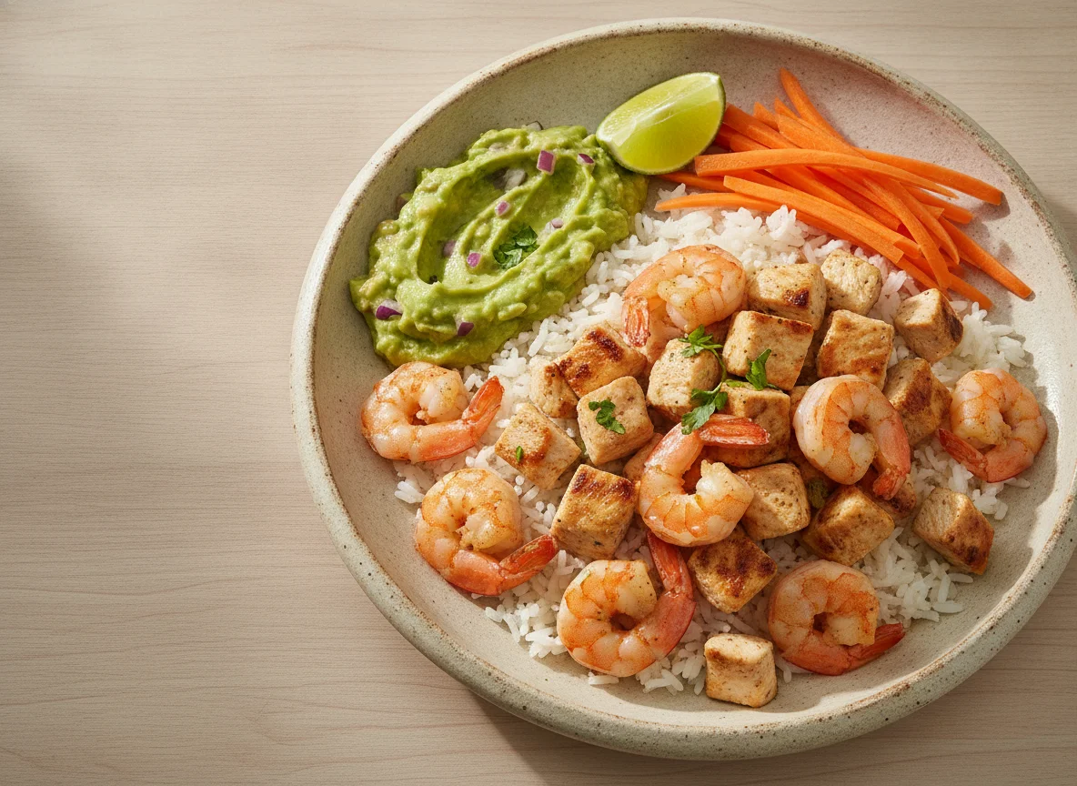 Camarones y pollo con arroz, guacamole y zanahorias photo