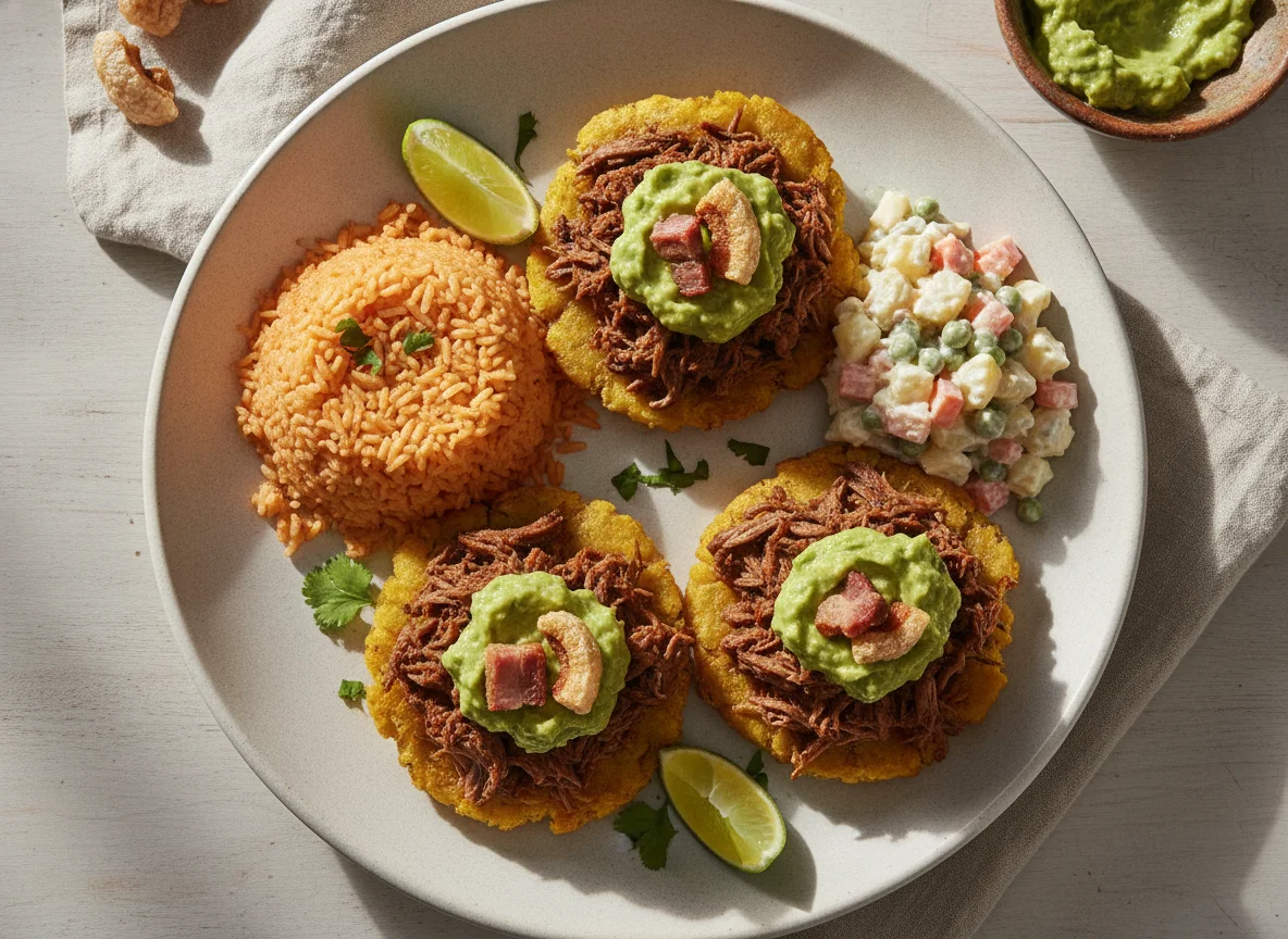 Canastas de patacón con carne desmechada, arroz y ensalada rusa photo