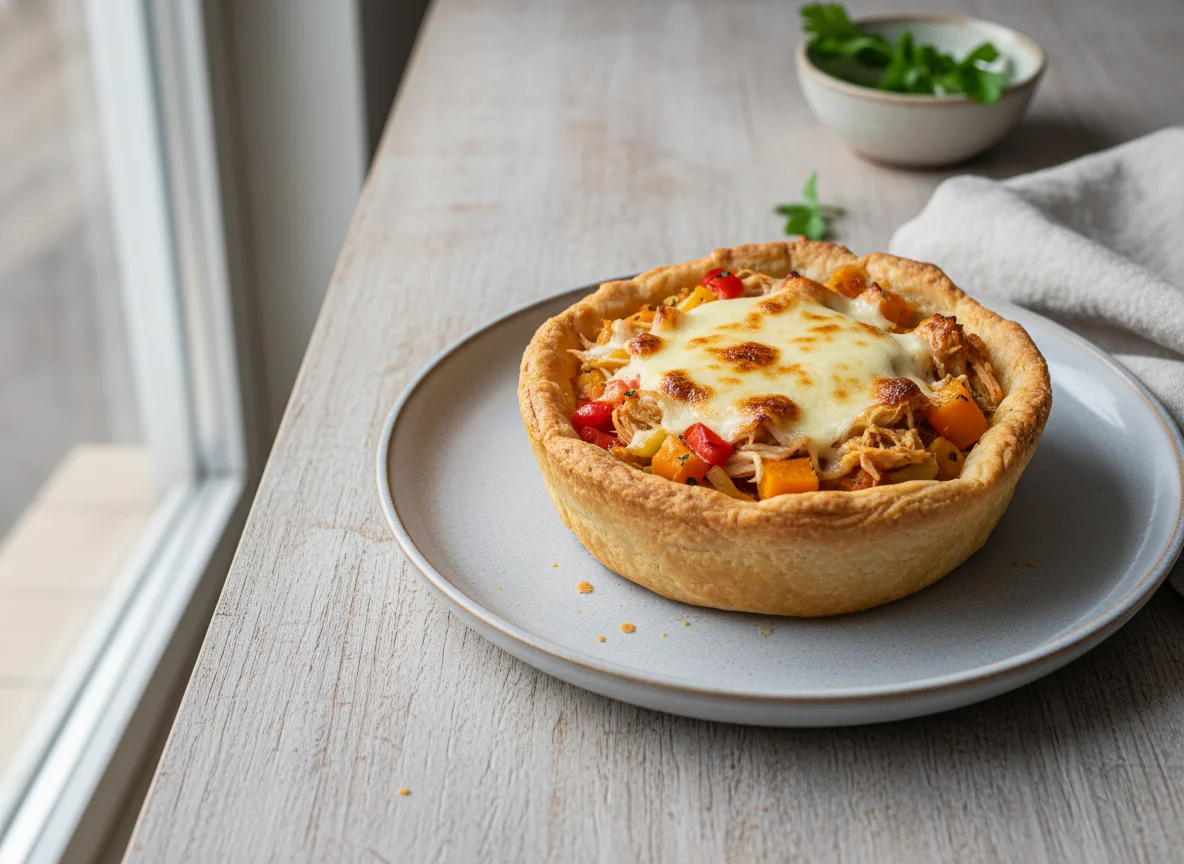 Canastita de pollo y verduras con queso photo