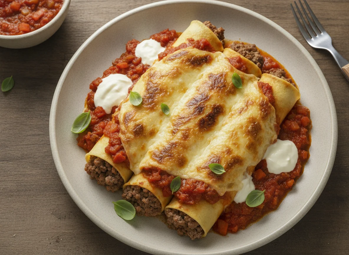 Canelón de carne con salsa boloñesa y queso photo