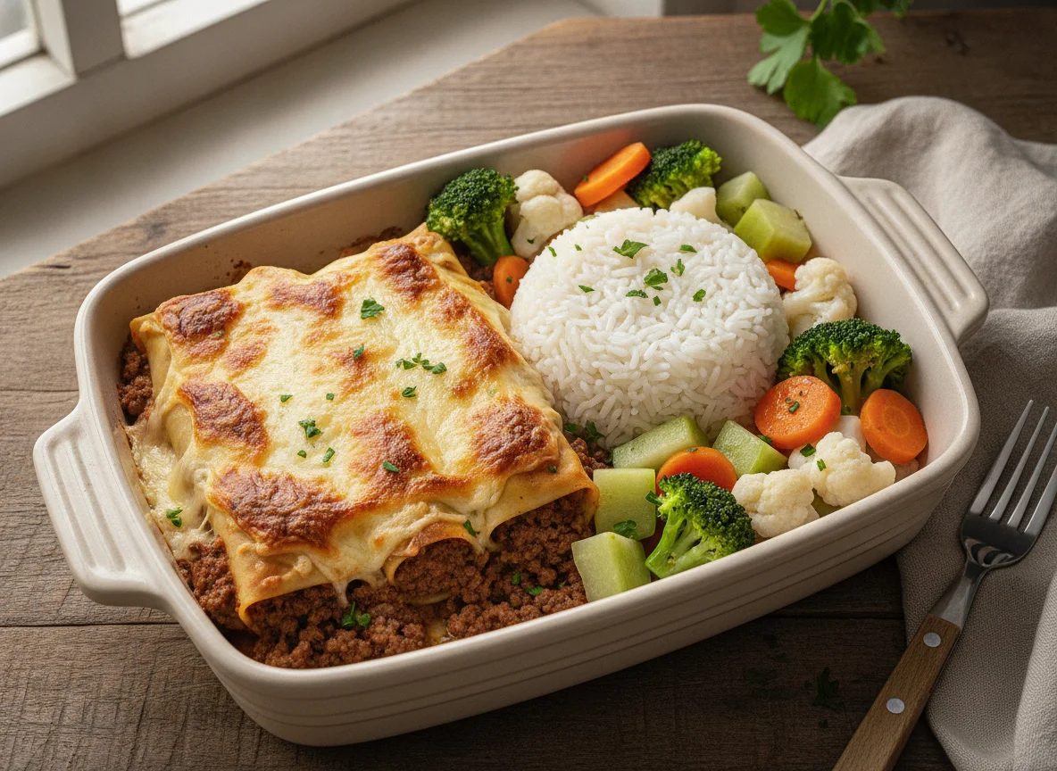 Canelones con carne molida, arroz y vegetales al vapor photo