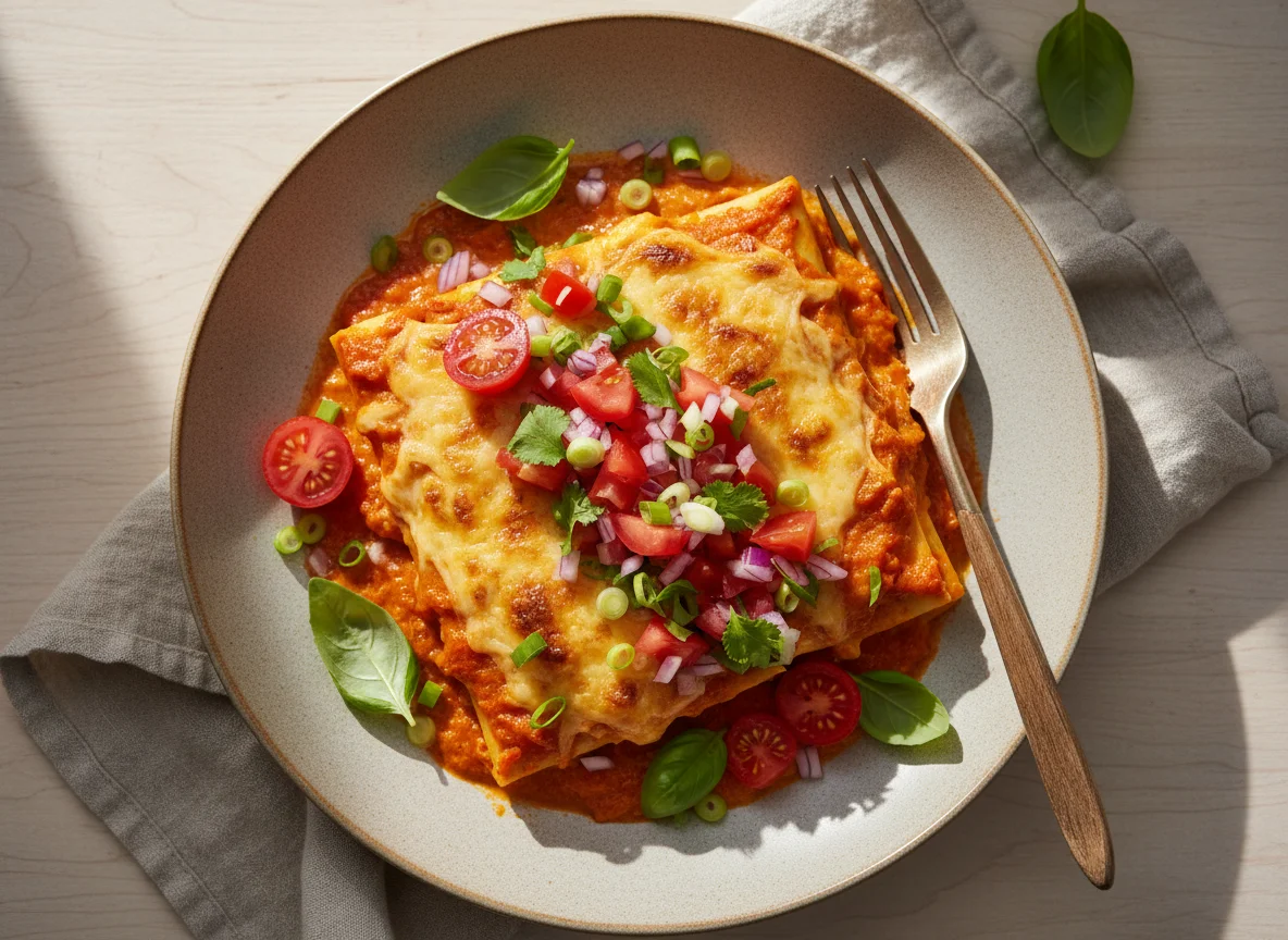 Canelones con salsa cremosa y pico de gallo photo