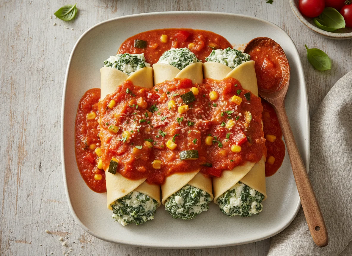 Canelones con salsa de tomate photo