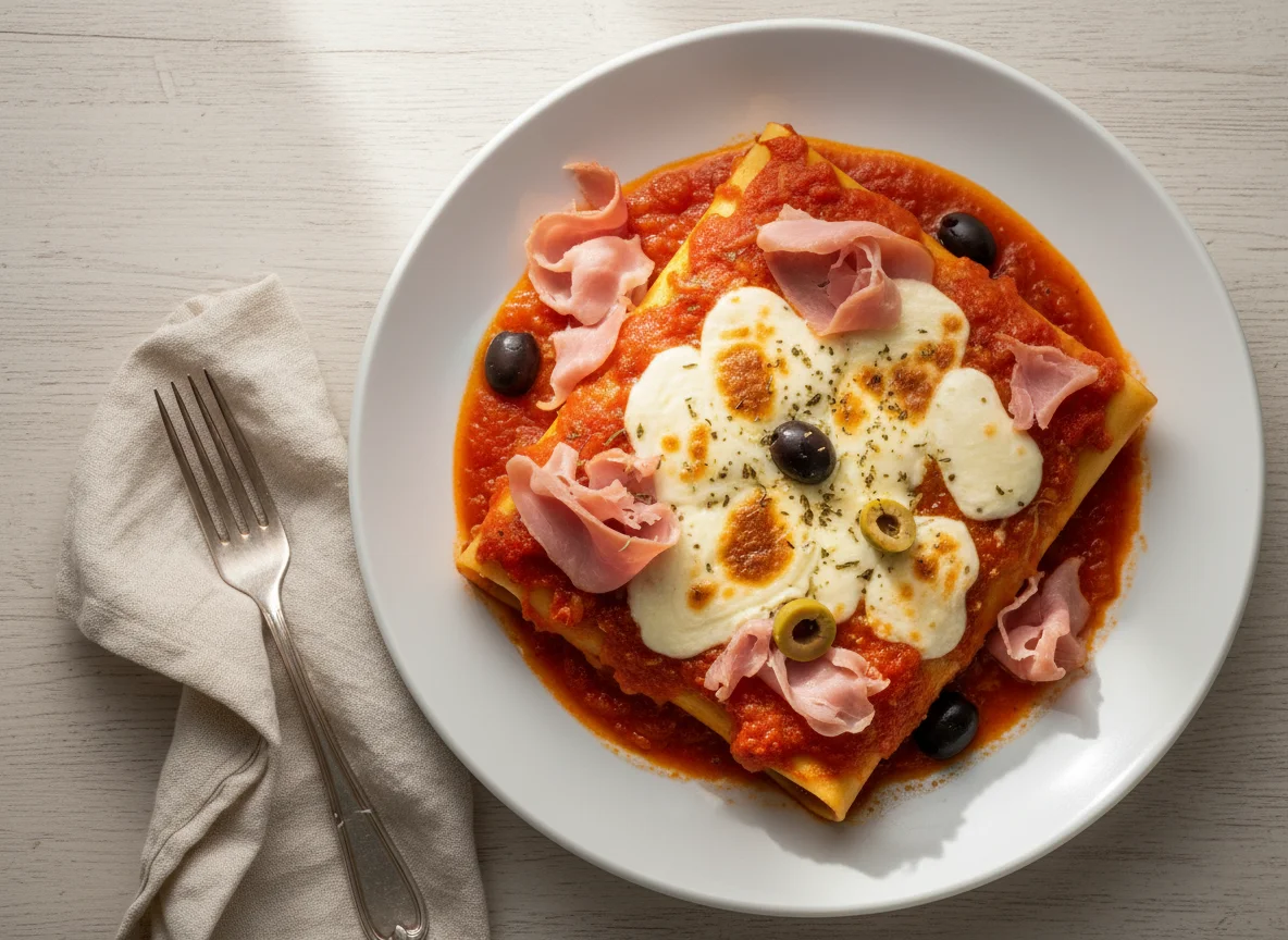 Canelones con salsa y jamón photo