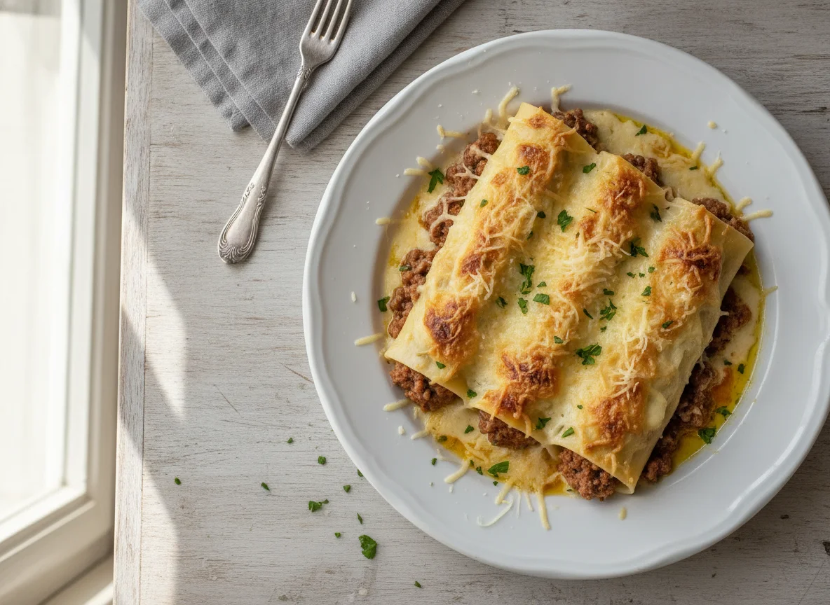 Canelones de carne con bechamel y queso photo