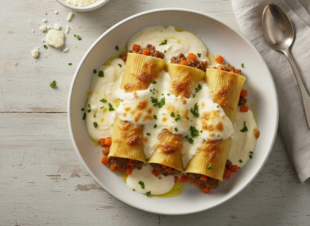 Canelones de carne y verduras con salsa blanca photo