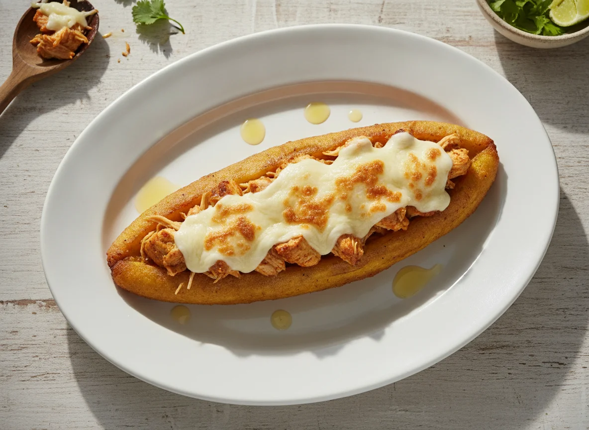Canoa de plátano maduro con pollo y queso photo