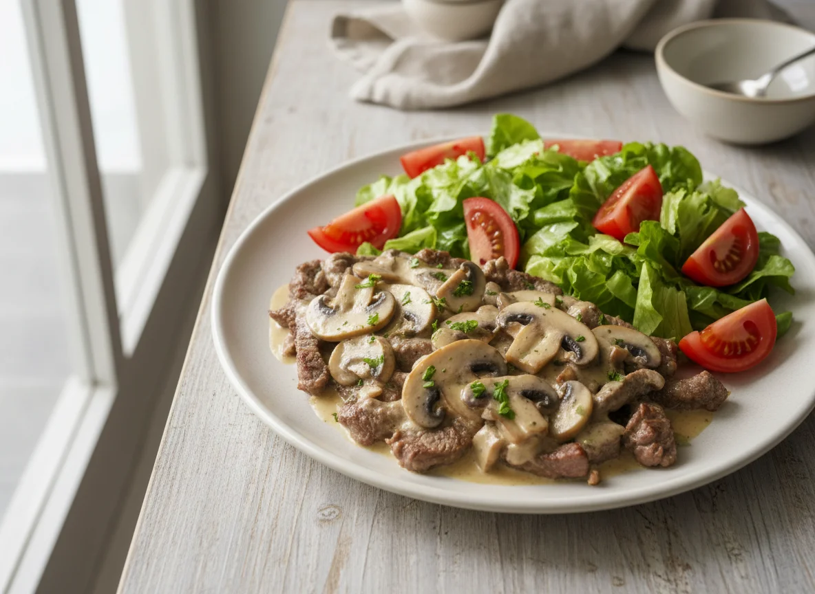 Carne a la crema con ensalada de tomate y lechuga photo