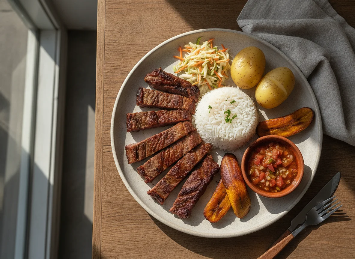 Carne a la llanera con arroz y acompañamientos photo