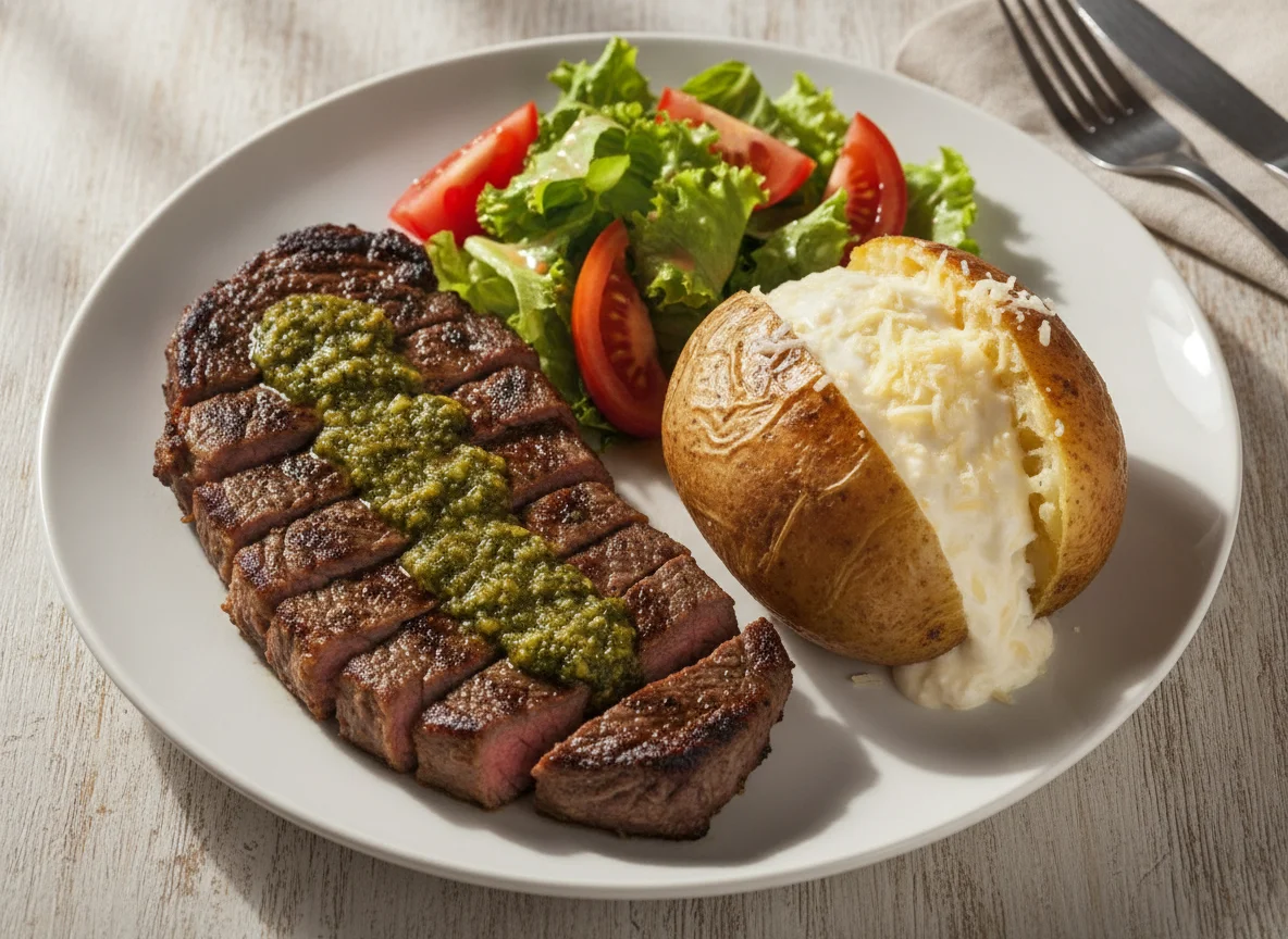 Carne a la parrilla con papa rellena y ensalada photo
