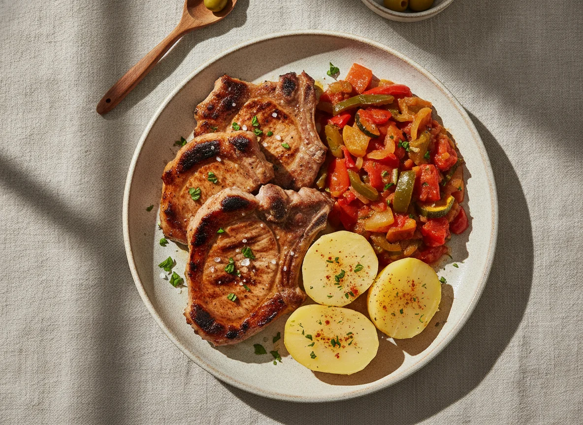 Carne a la parrilla con pisto y patatas photo