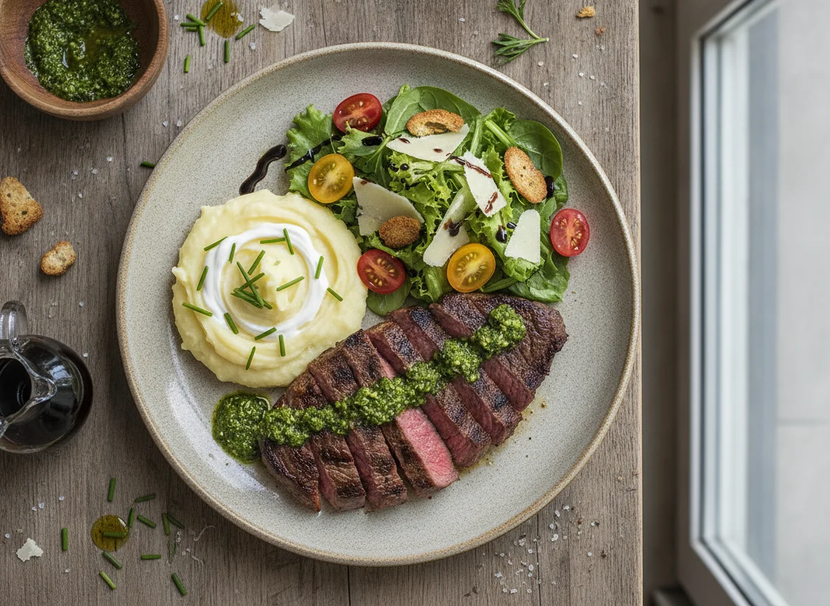 Carne a la parrilla con puré de papa y ensalada fresca photo