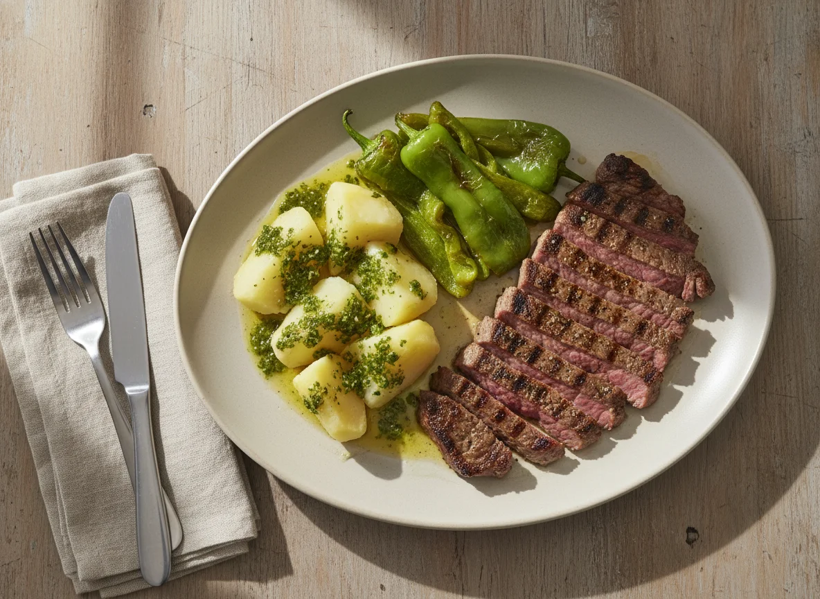 Carne a la plancha con pimiento y patata photo