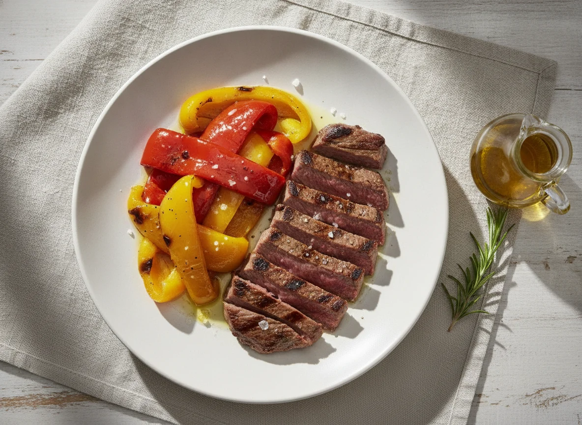 Carne a la plancha con pimientos asados photo