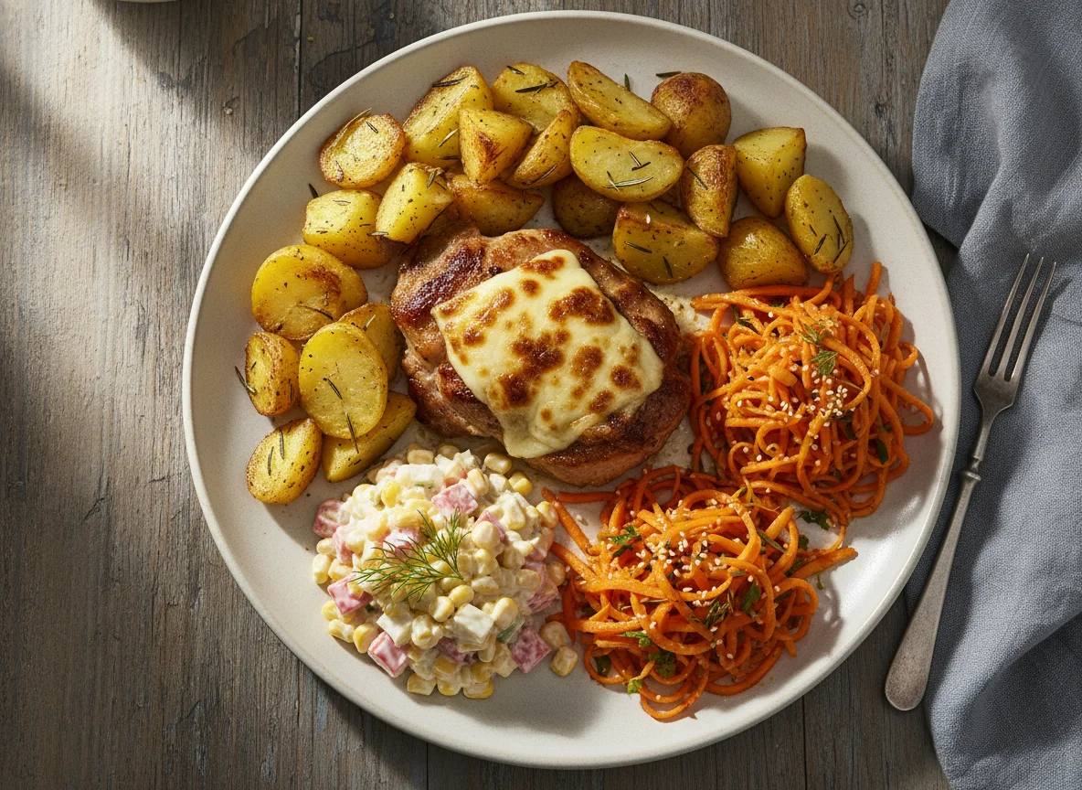 Carne al horno con patatas, ensalada de cangrejo y zanahorias coreanas photo