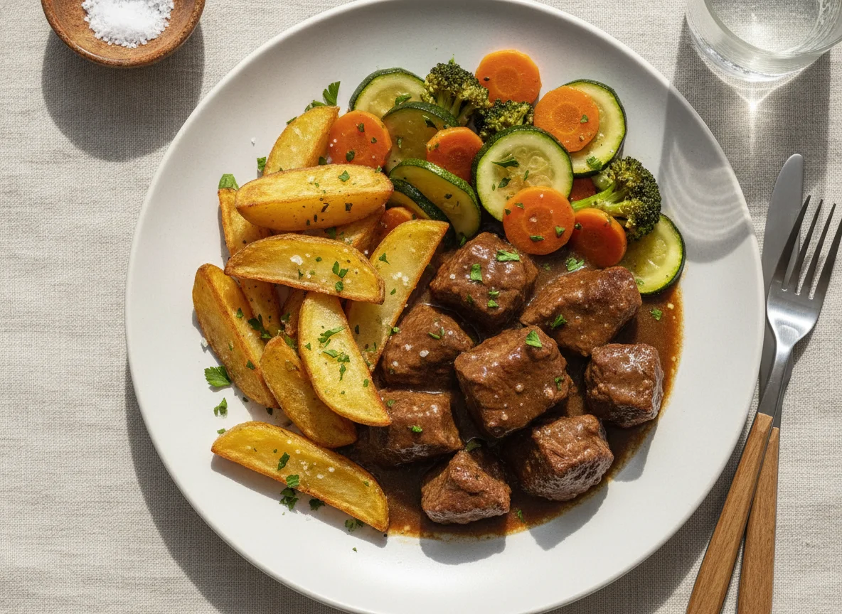Carne al jugo con papas rústicas y verduras salteadas photo