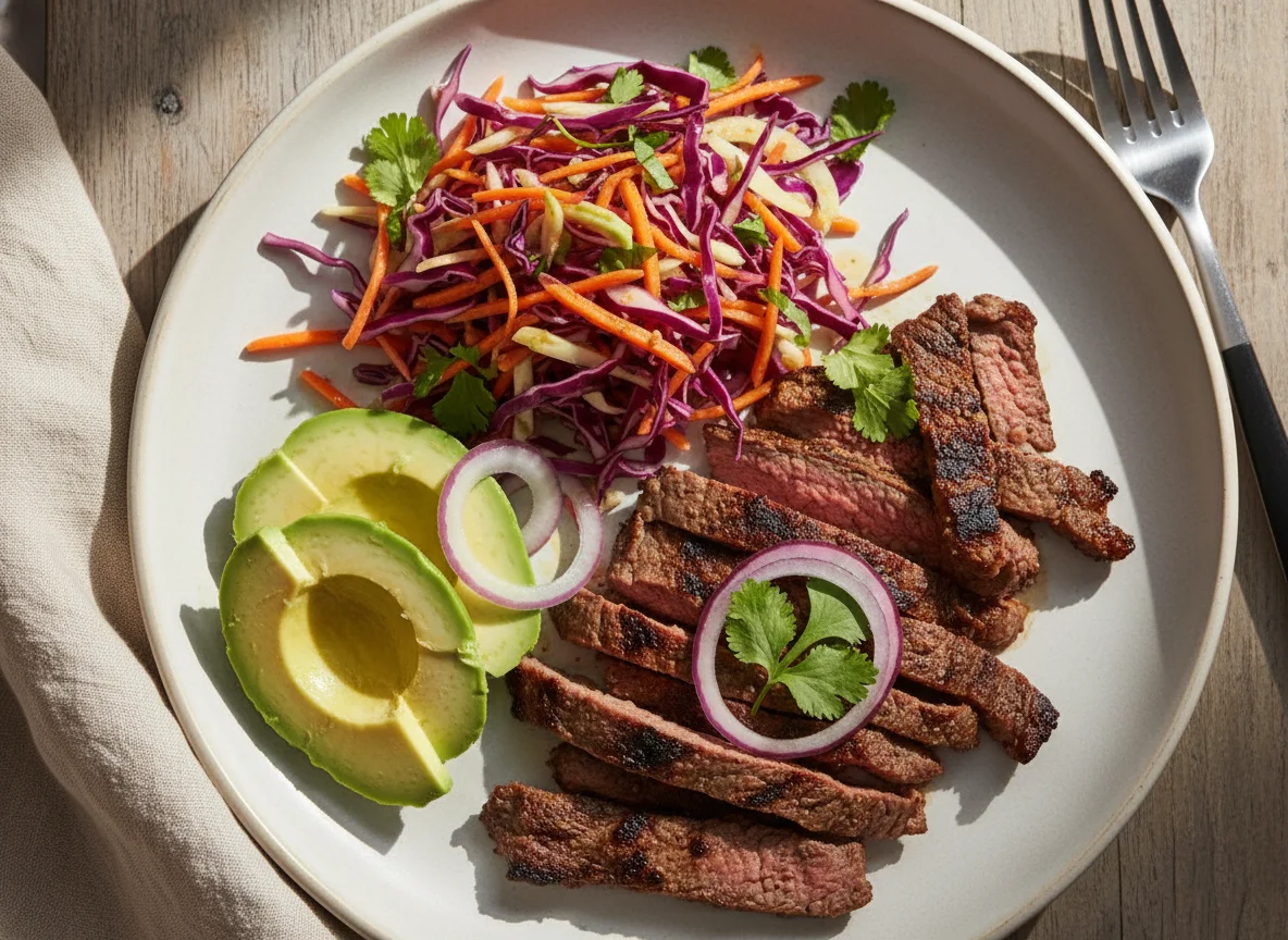 Carne asada con aguacate y ensalada de repollo photo
