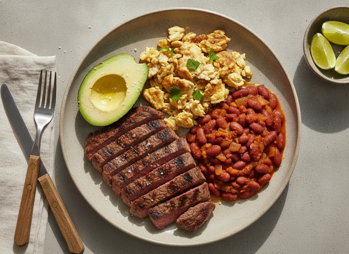Carne asada con aguacate y revuelto de habichuelas photo
