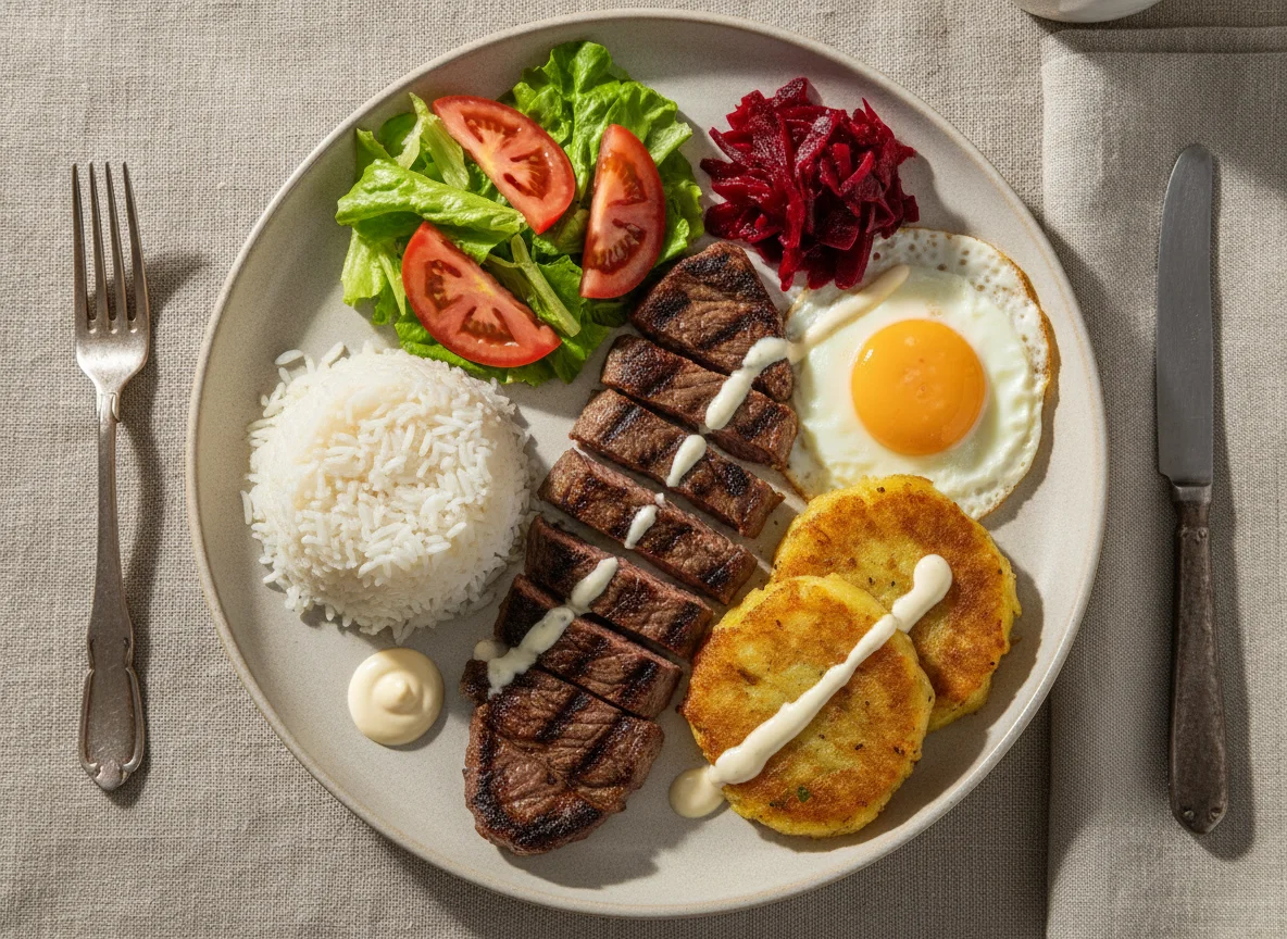 Carne asada con arroz, ensalada y llapingacho photo