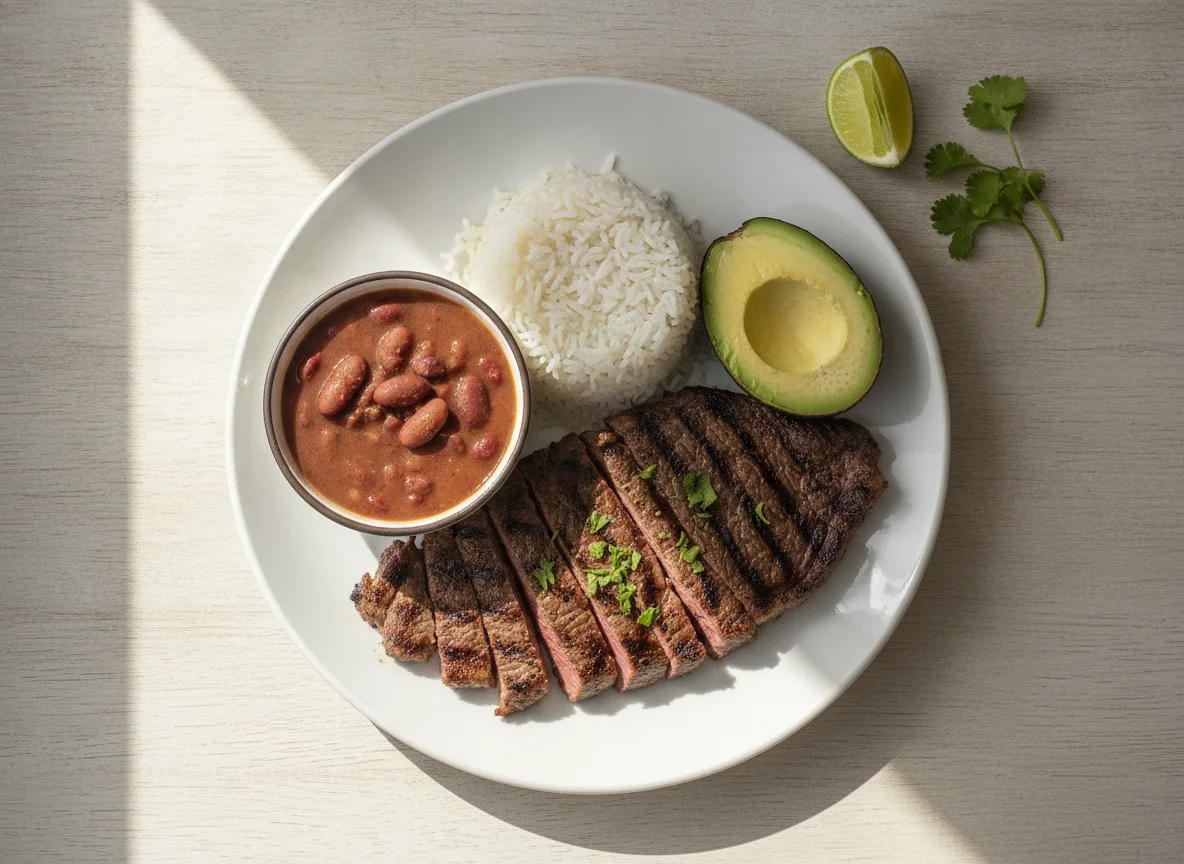 Carne asada con arroz, frijoles y aguacate photo