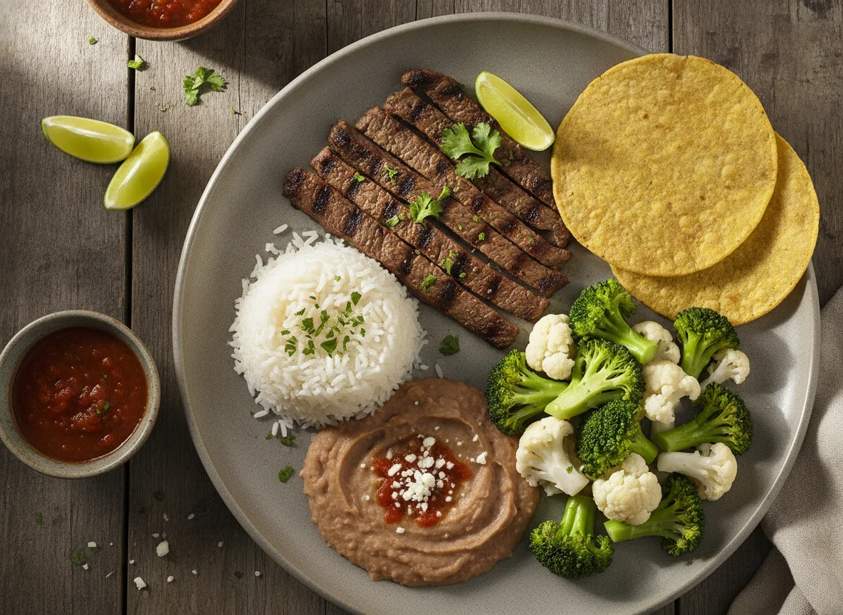 Carne asada con arroz, frijoles y verduras photo