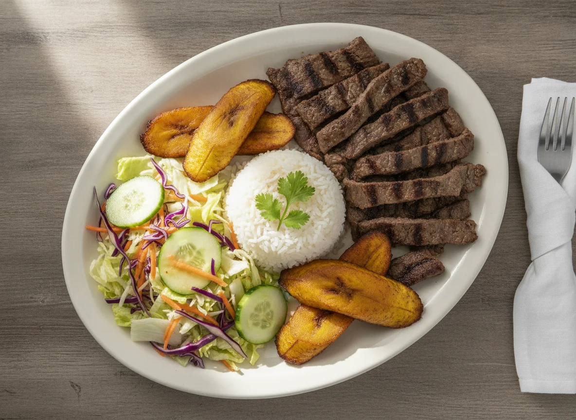 Carne asada con arroz, plátano maduro y ensalada photo