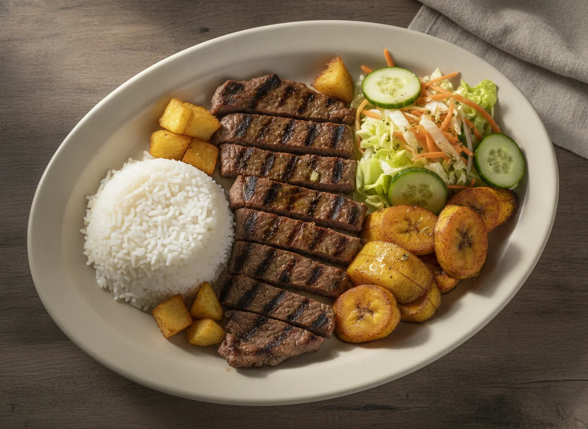 Carne asada con arroz, plátano y ensalada photo
