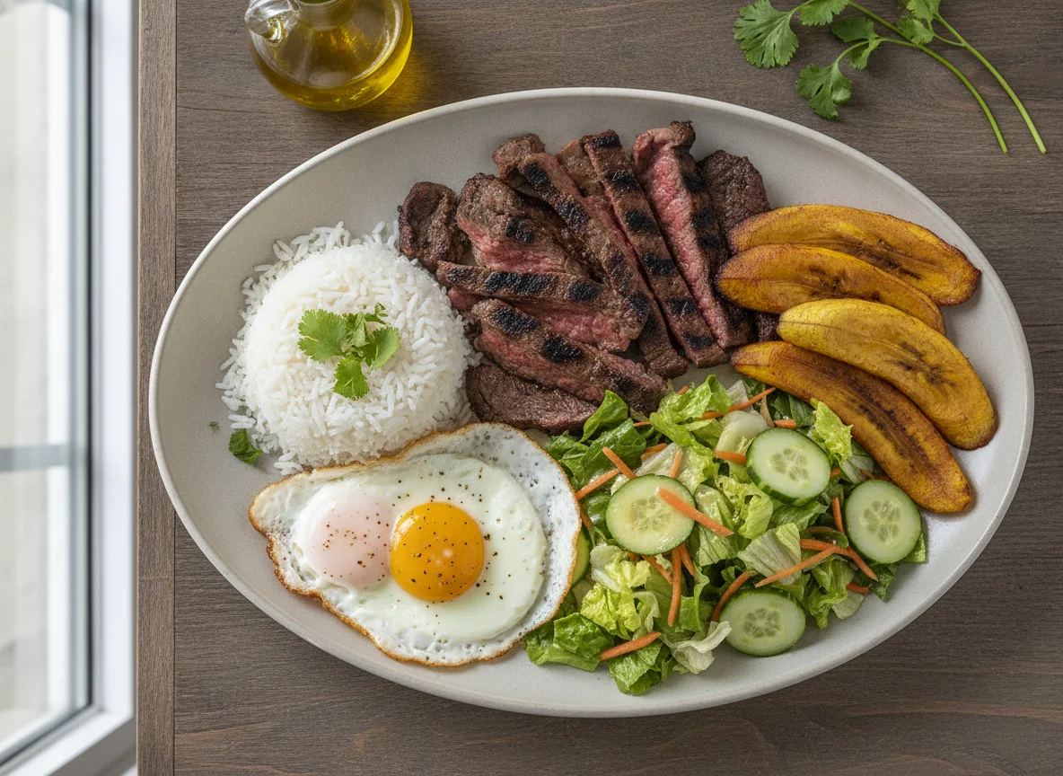Carne asada con arroz, tajada de plátano, ensalada y huevos adicionales photo