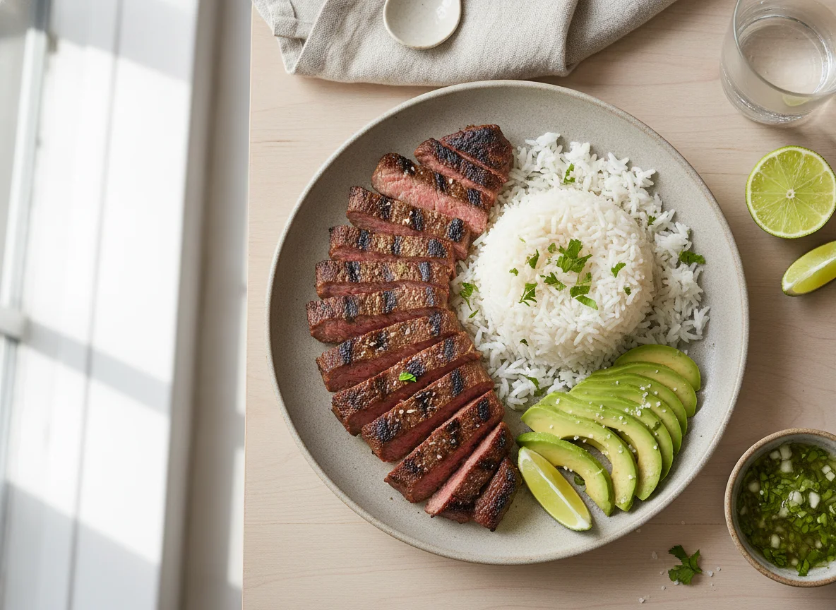 Carne asada con arroz y aguacate photo