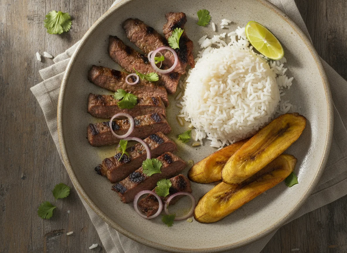 Carne asada con arroz y banano photo