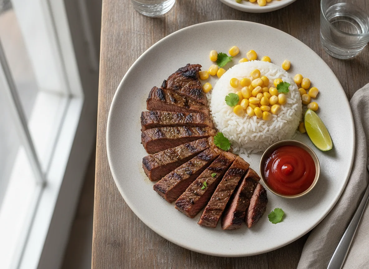 Carne asada con arroz y choclo photo