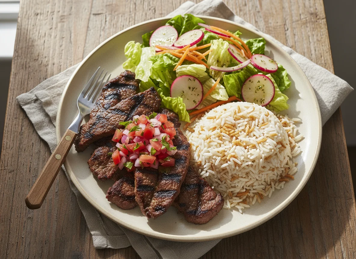 Carne asada con arroz y ensalada photo