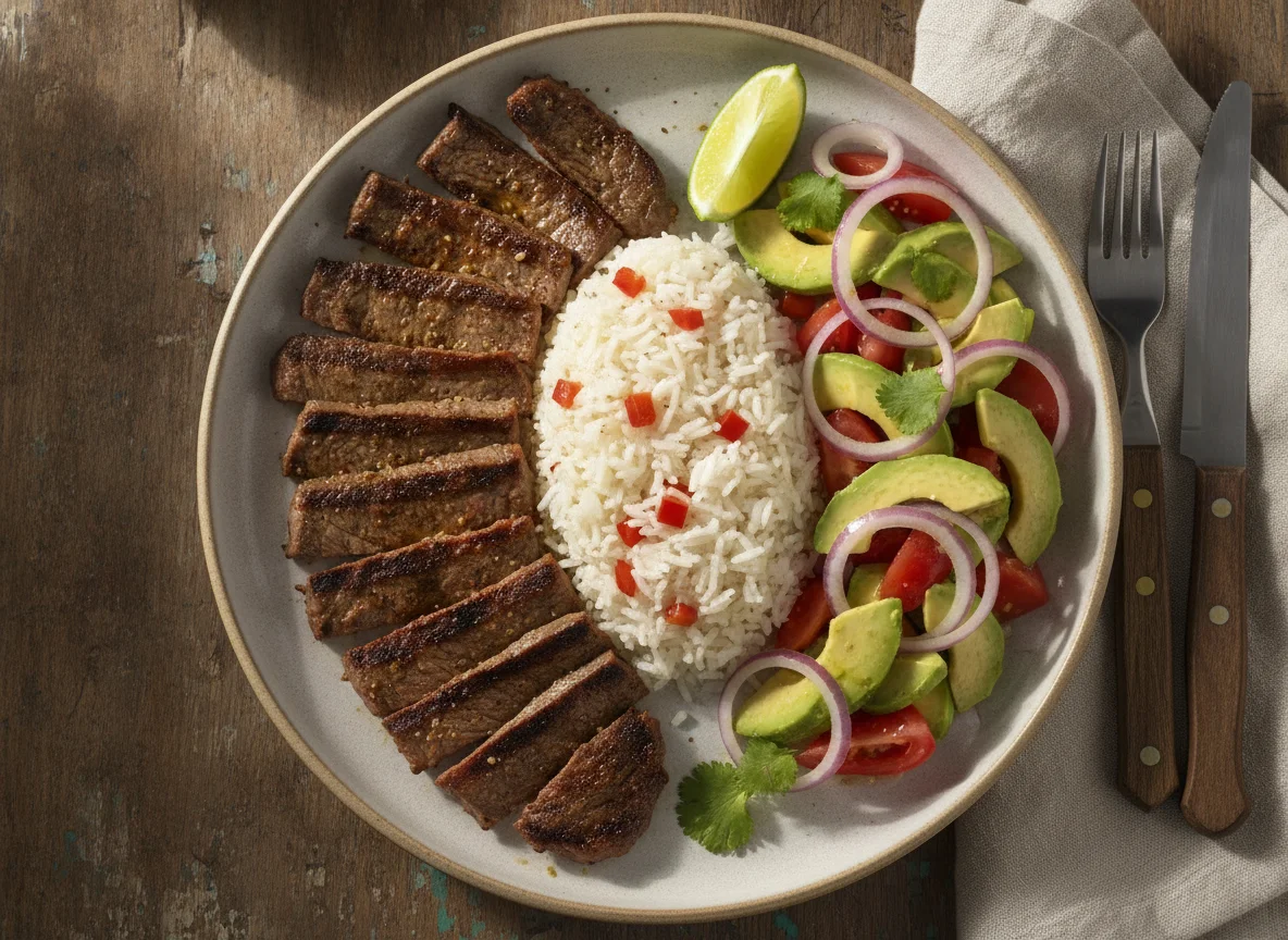 Carne asada con arroz y ensalada de aguacate photo
