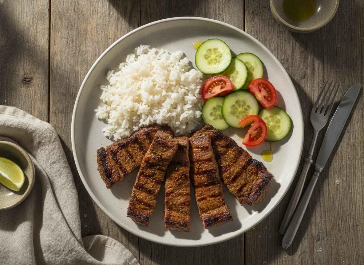 Carne asada con arroz y ensalada de pepino y tomate photo