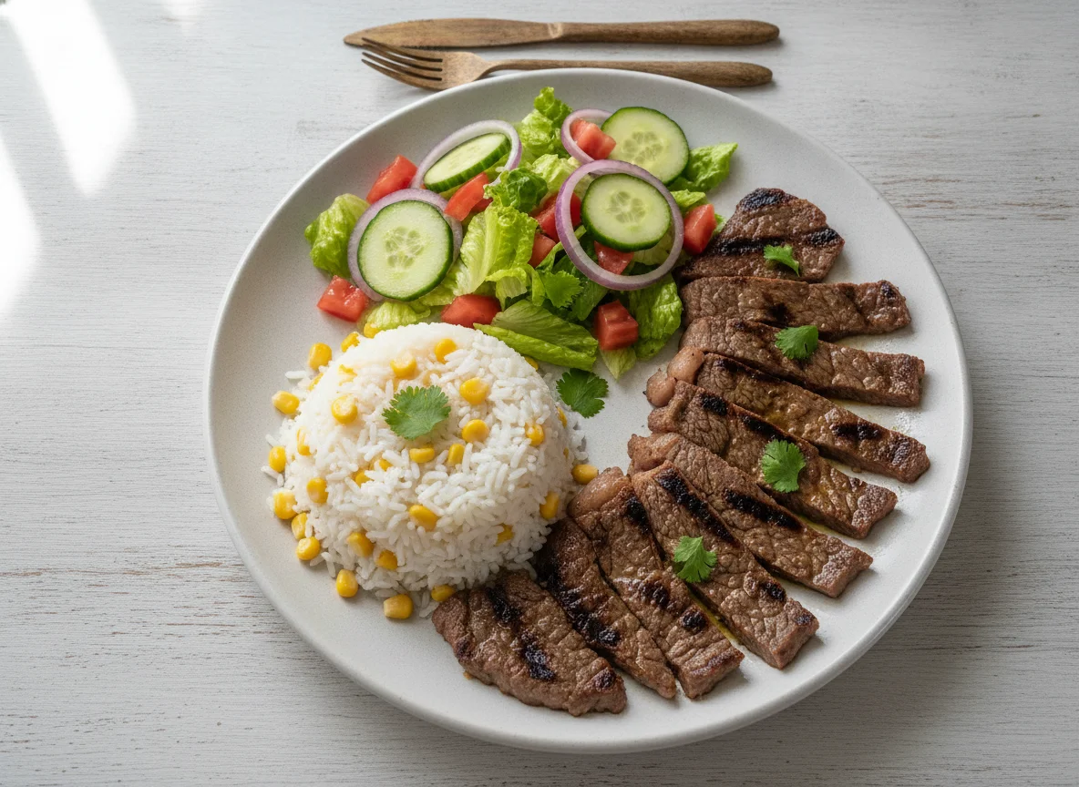 Carne asada con arroz y ensalada fresca photo