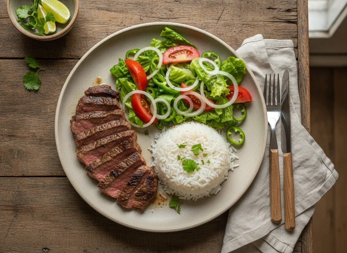 Carne asada con arroz y ensalada mixta photo