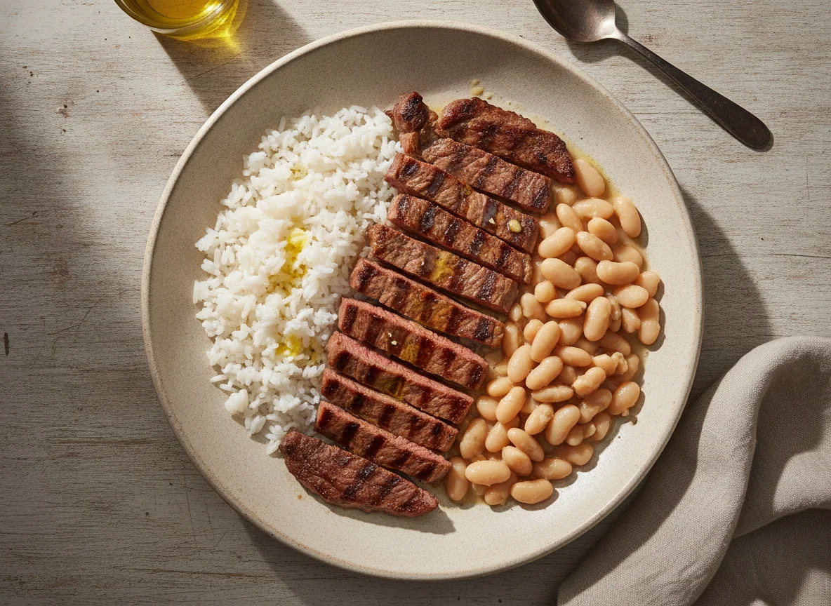 Carne asada con arroz y porotos photo