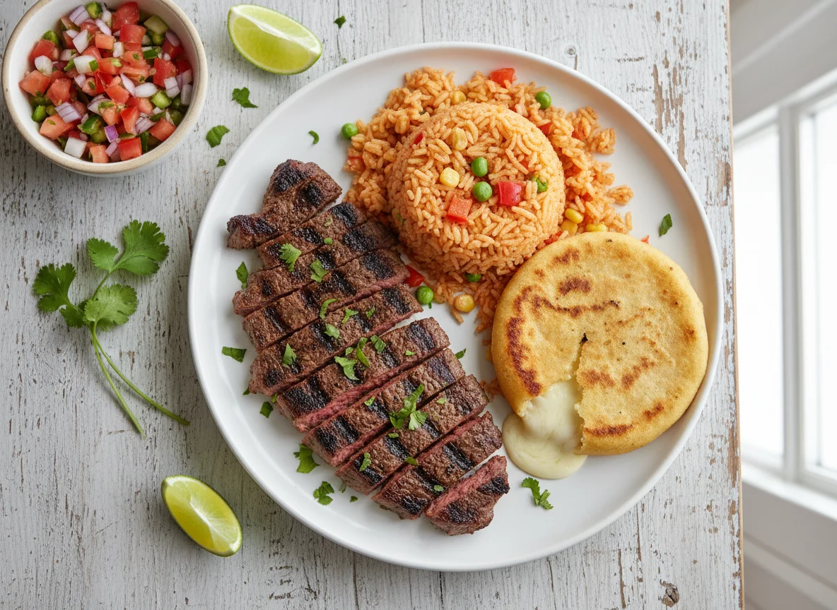 Carne asada con arroz y pupusa photo