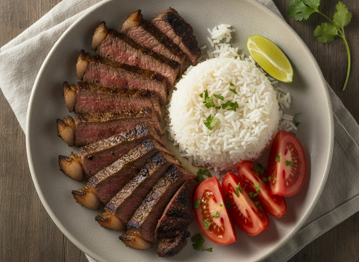 Carne asada con arroz y tomate photo