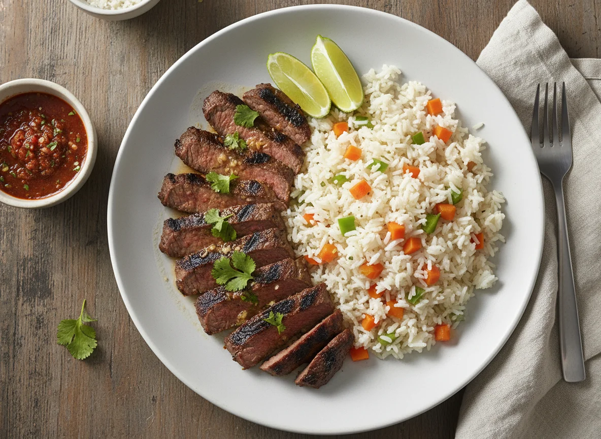 Carne asada con arroz y vegetales photo