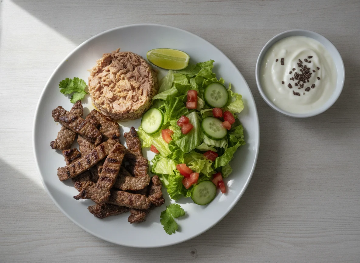 Carne asada con atún, ensalada y yogur photo