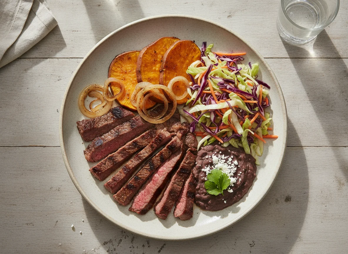 Carne asada con bastimento y ensalada photo