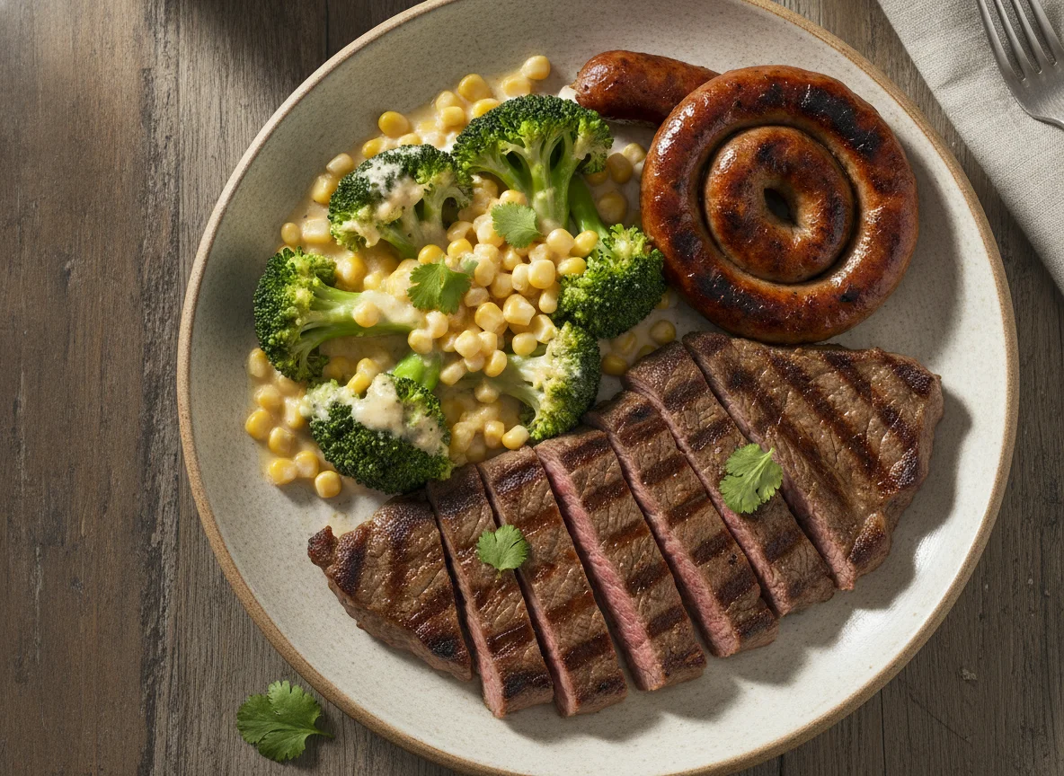 Carne asada con brócoli y choclo a la crema photo