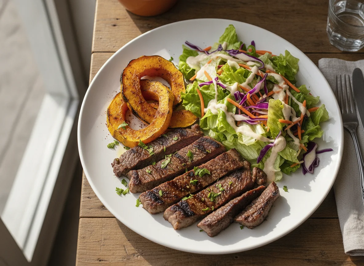 Carne asada con calabaza y ensalada mixta photo