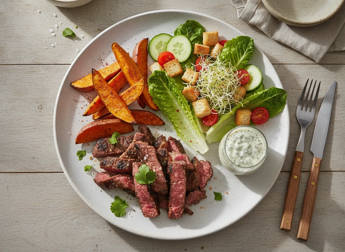 Carne asada con camote y ensalada mixta photo