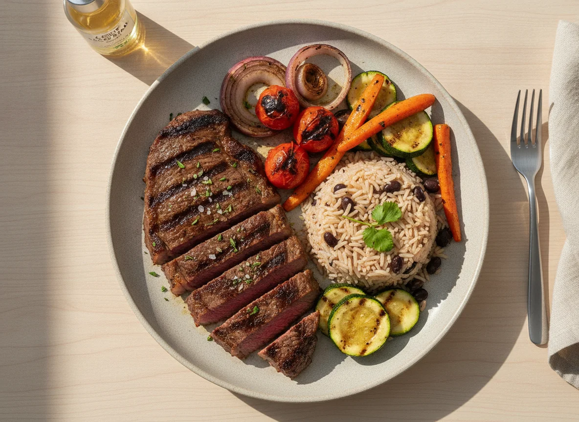 Carne asada con casamiento y vegetales a la parrilla photo