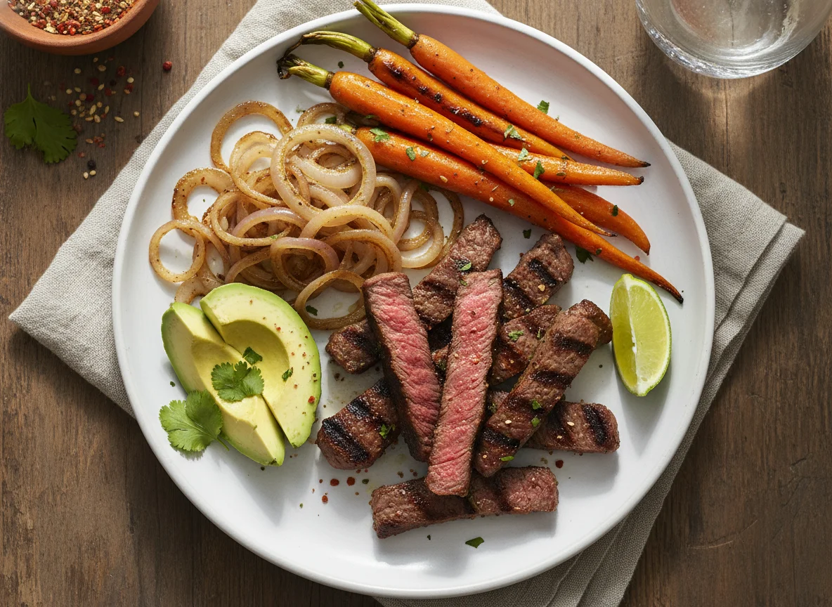 Carne asada con cebolla, zanahorias y aguacate photo