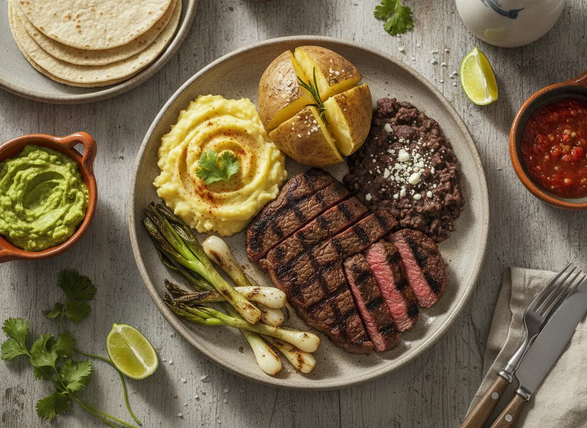 Carne asada con cebollitas y tortillas photo