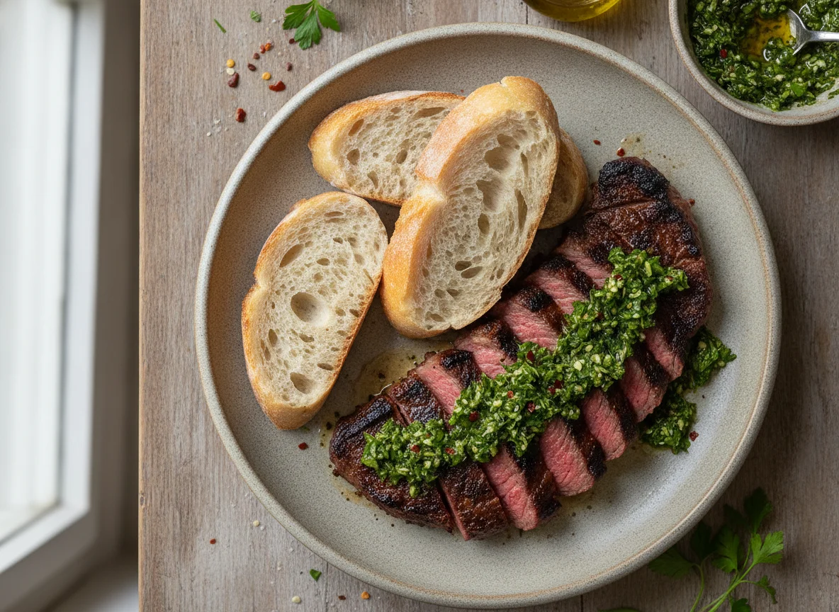Carne asada con chimichurri y pan photo